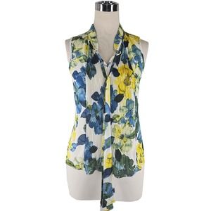 DKNY A beautiful storm multicolor chiffon flirty blouse top w tie neck, L NWT